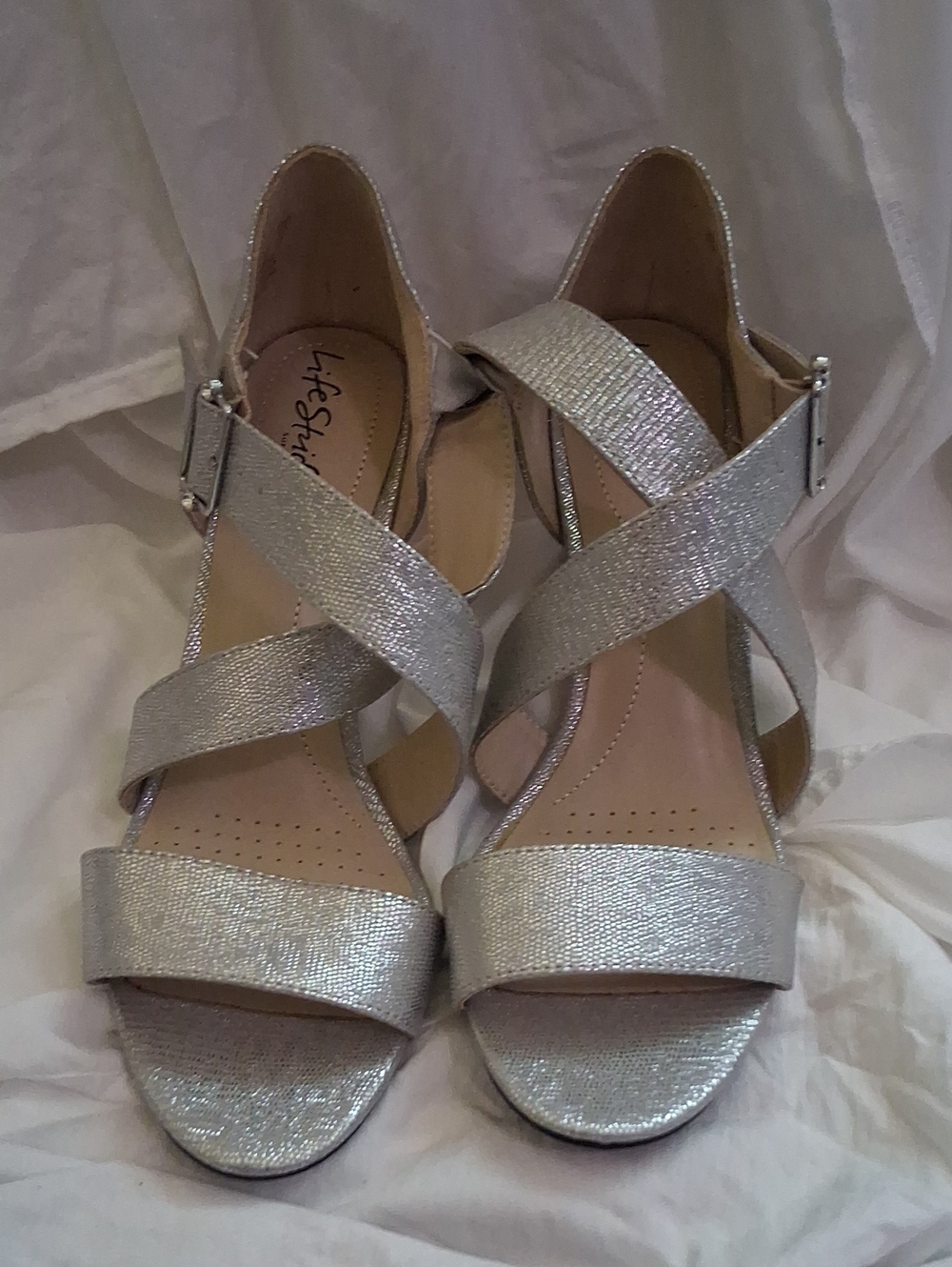 Life Stride Metallic Silver Crisscross Heeled Sandals